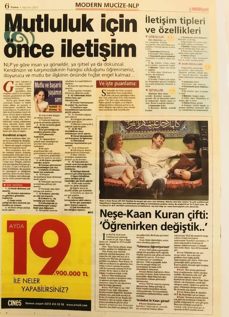 Milliyet gazetesi Ayşegül Sönmez ile Alfa frekans kurucusuLiderlerin Koçu Davranış Bilimleri Uzmanı Dr.Banu Gökcül NLPyi Türkiyeye tanıttı. 